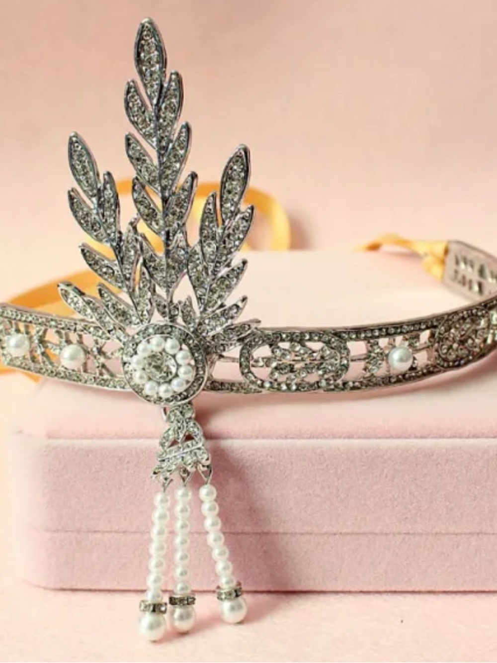 Art Deco Great Gatsby Crystal Pearl Accent Bridal Headband tiara Crown - Silver
